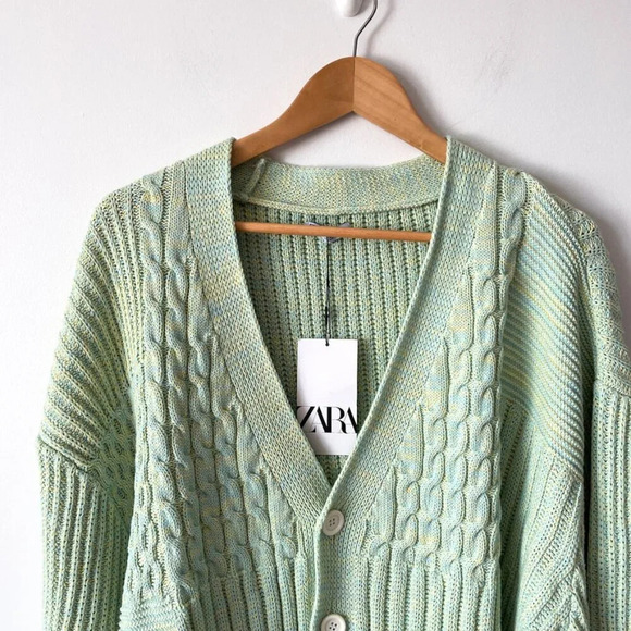 Zara  Textured Weave Woven Oversized Cardigan NWT Green Yellow Size XL - Picture 4 of 8